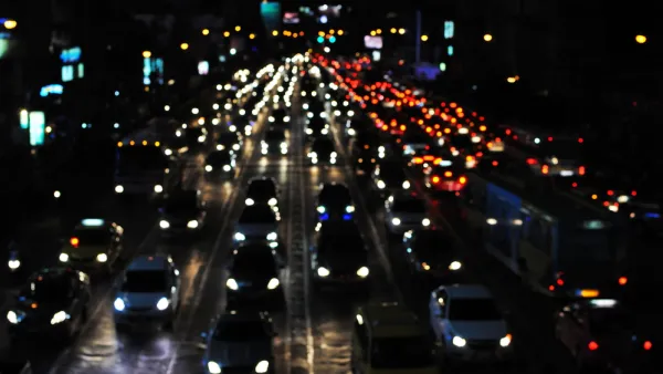 Blurred night view of gridlocked traffic on freeway