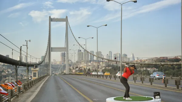 Tiger Woods on a bridge