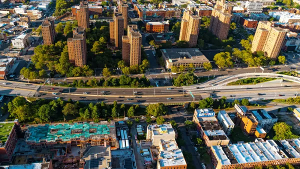 Aerial view of traffic on road and buildings in the Bronx, New York City