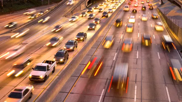 Freeway traffic at dusk in downtown Los Angeles, California