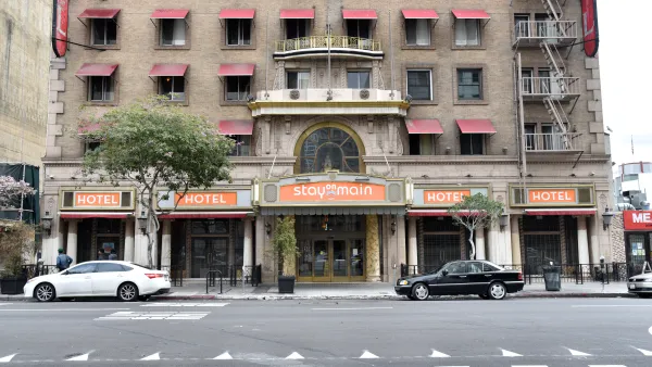 Front of Cecil Hotel, downtown Los Angeles