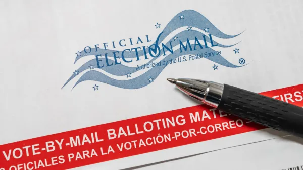 Close-up of vote-by-mail ballot with pen