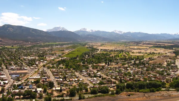 Aerial view of Salida, Colorado with mountains in background