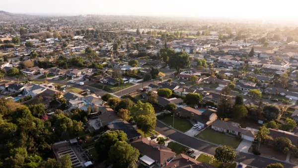 Aerial view of residential neighborhood in La Habra, California at sunset