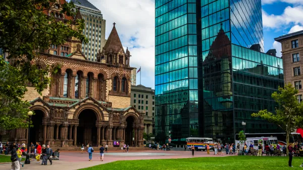 Old church and modern glass building in downtown Boston, Massachusetts