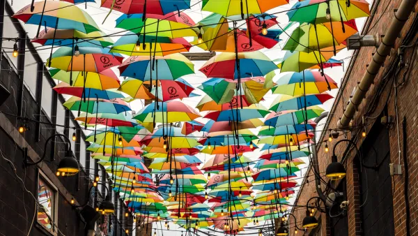 Colorful umbrellas over an alleyway in RiNo Arts District, Denver, Colorado