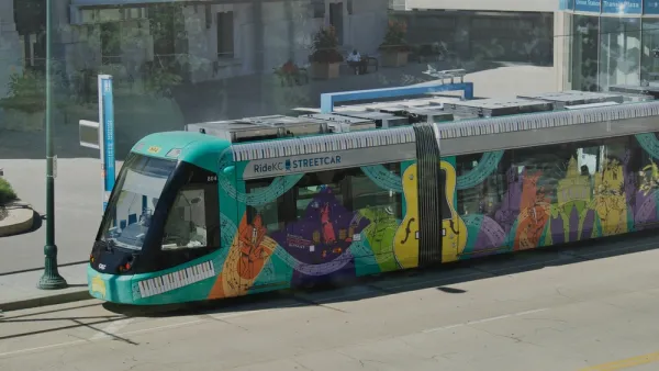 Kansas City streetcar with colorful wrap at Union Station