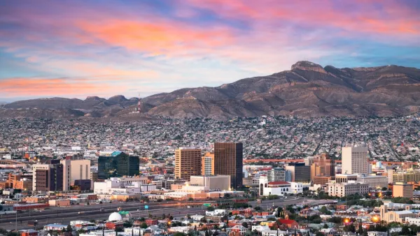 Aerial view of downtown El Paso, Texas with mountains in background