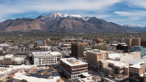 Aerial view of Ogden, Utah with Wasatch Mountains in the background
