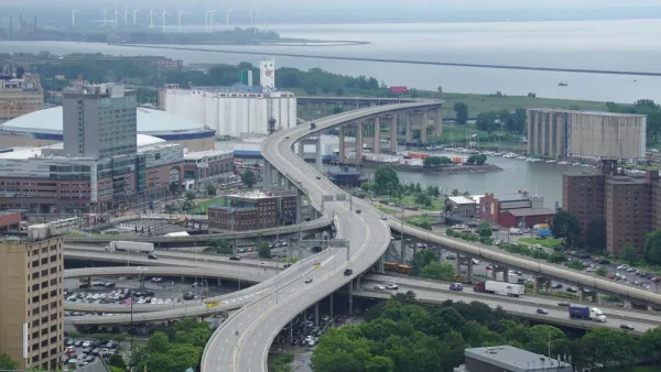 Aerial view of elevated Buffalo Skyway freeway in Buffalo, New York