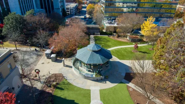 Aerial view of gazebo and surrounding lawn and buildings in Decatur Square, Decatur, Georgia