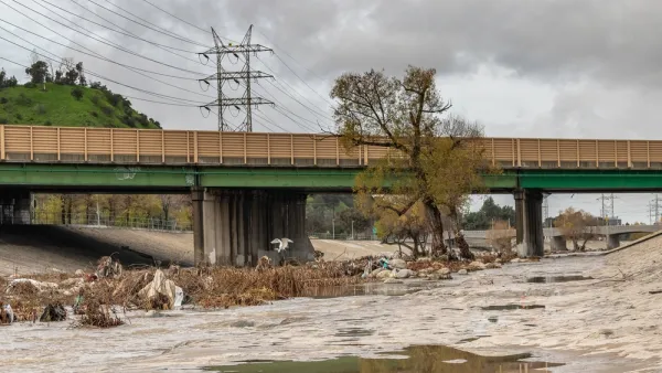 View of Los Angeles River at Glendale Narrows segment with tree and overpass