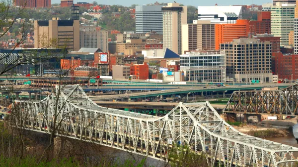 Aerial view of Brent Spence Bridge over Ohio River