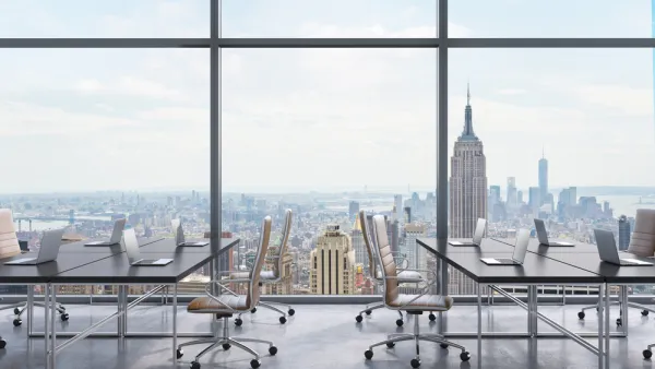 Workplaces in a modern panoramic office, New York city view from the windows. Open space. Black tables and brown leather chairs. A concept of financial consulting services. 3D rendering.