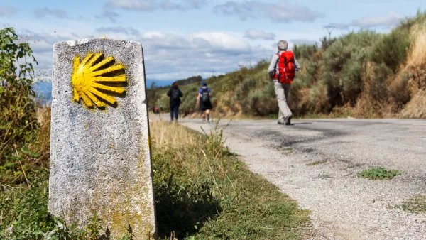 People walking on the Camino de Santiago trail in Spain