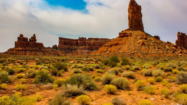 View of red rock spires and formations in Bears Ears National Monument, Utah