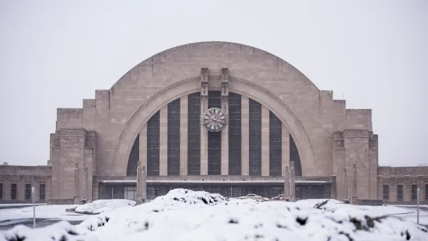 View of snowy Union Station building in Cincinnati, Ohio