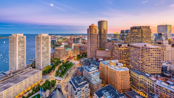 Aerial view of high-rise buildings on waterfront in Boston, Massachusetts