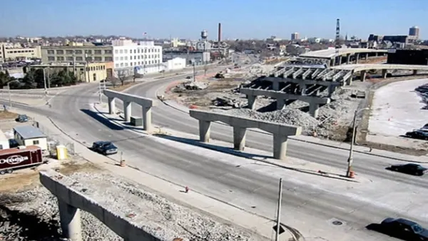 Elevated freeway being demolished in Milwaukee, Wisconsin.